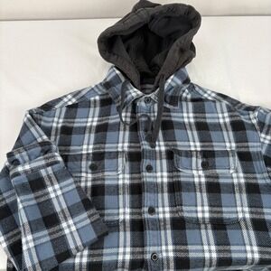 American Eagle Mens Flannel Shirt Jacket Blue Black Plaid‎ Hooded Size S